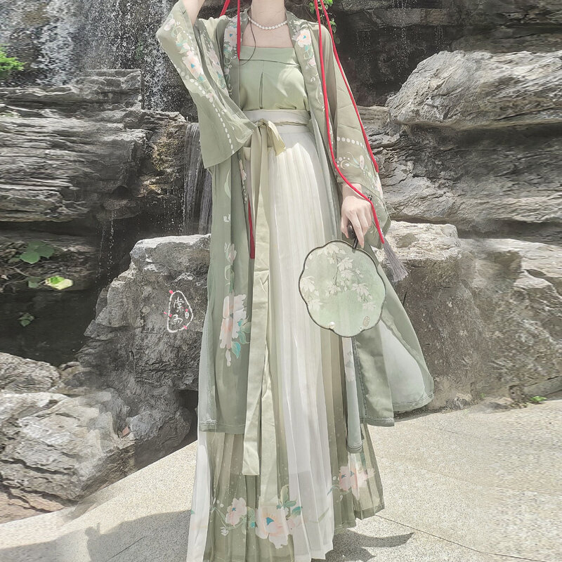 Conjunto tradicional de três peças Hanfu, vestido verde, terno folclórico de fadas, roupas verdes frescas e doces, estilo moderno