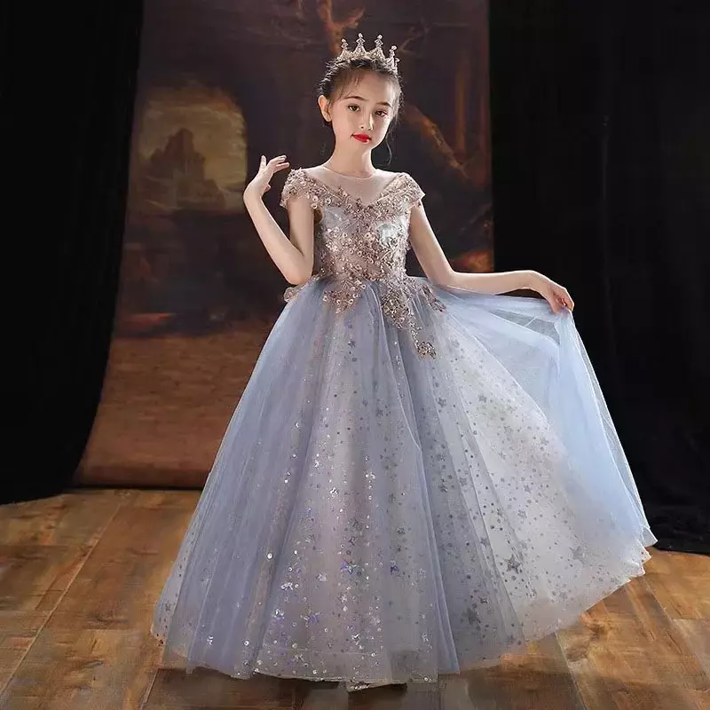 Gaun anak-anak musim semi baru 2024 gaun performa Piano anak perempuan gaun malam Host kecil benang berbulu Barat