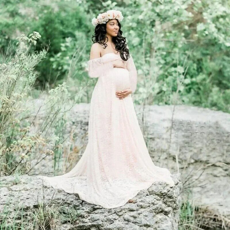 Envsoll gaun Maxi renda alat peraga fotografi kehamilan gaun kehamilan untuk pemotretan wanita hamil