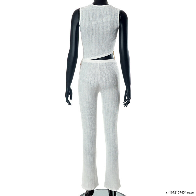 Conjunto de punto acanalado para mujer, camiseta sin mangas Irregular con borlas y pantalones de pierna ancha, chándal elegante de 2 piezas, 2023