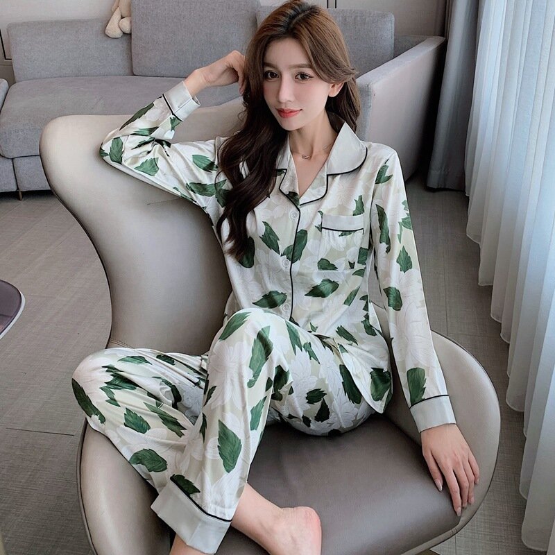 Spring and Autumn Long-sleeved Pajamas Women's Ice Silk Plus Fat Large Size Ladies Sweet Home Clothes Suit Two Piece Set