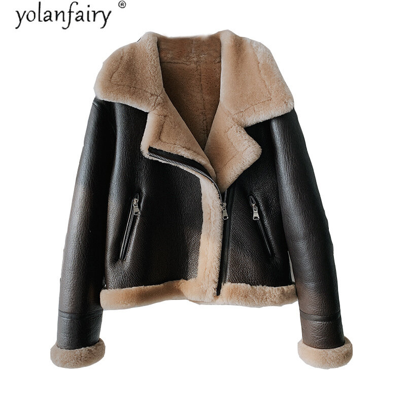Chaqueta de Invierno para mujer, abrigo de piel auténtica, abrigos cálidos de piel de oveja merina, chaquetas de cuero genuino de alta calidad KJ6532