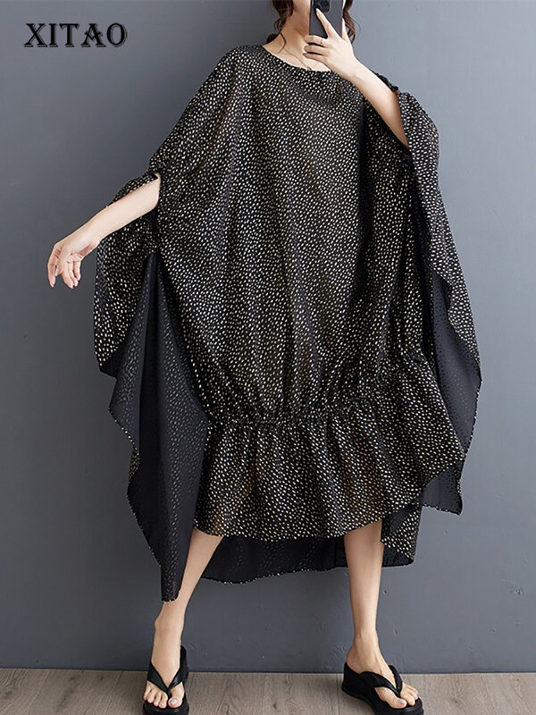 XITAO-vestido holgado de manga murciélago con pliegues, prenda asimétrica con cuello redondo, a la moda, para verano, 2024, ZY8677