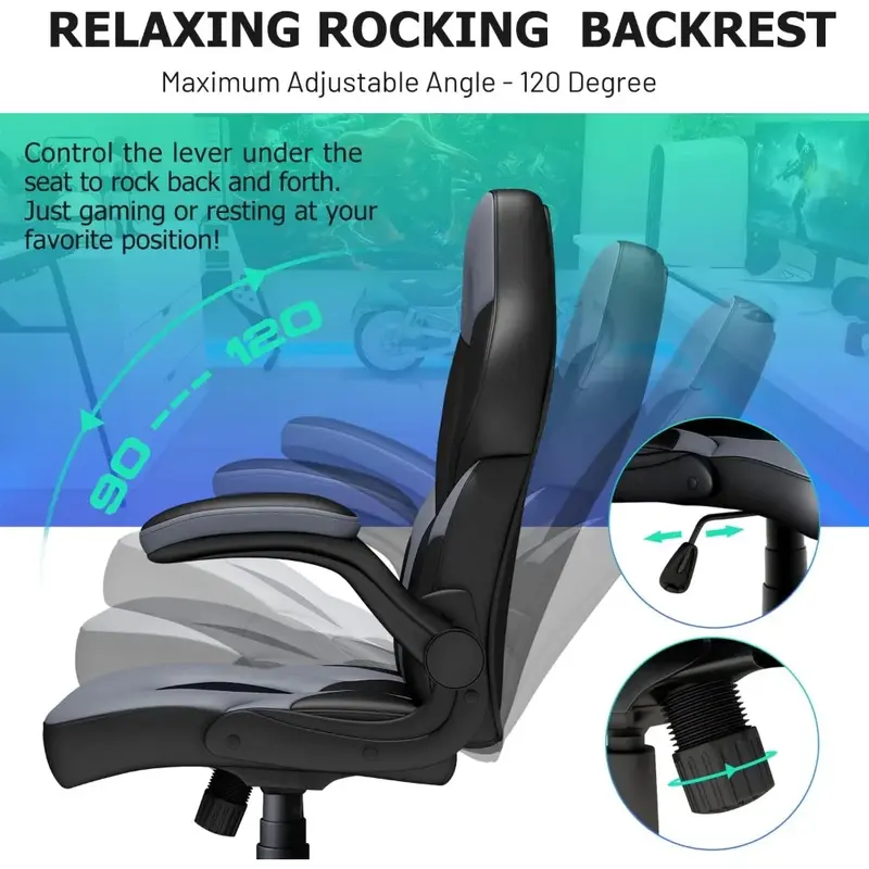 Chaise de jeu ergonomique avec accoudoirs rabattables, cuir collé, réglable en hauteur, accoudoirs rembourrés confortables, bureau