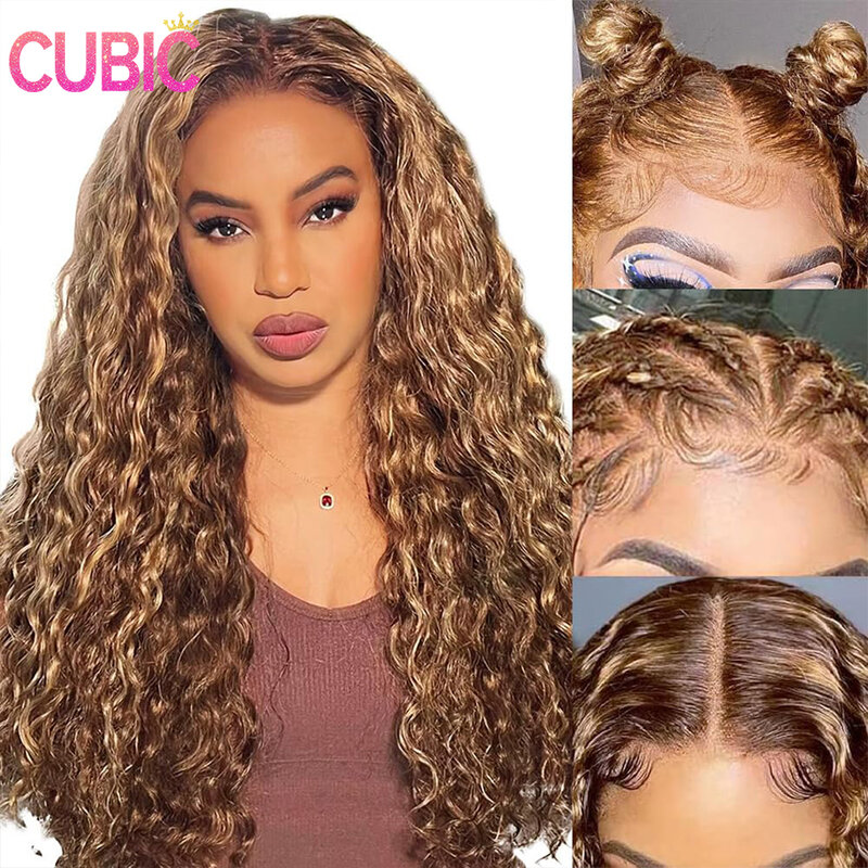 CUBIC Highlight Ombre Deep Curly Honey Blonde Lace Front Wigs Human Hair Pre Plucked with Baby Hair 4/27 13X4 HD Lace Front Wigs