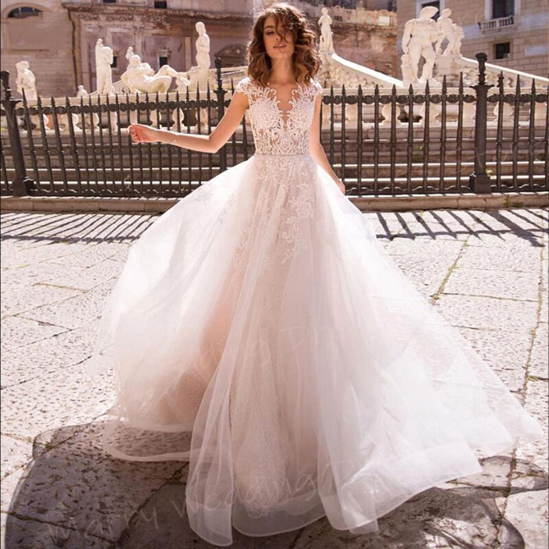 Женское ТРАПЕЦИЕВИДНОЕ свадебное платье, элегантное очаровательное кружевное платье невесты с аппликацией и пуговицами, иллюзионное платье с рукавом-крылышком, 2024