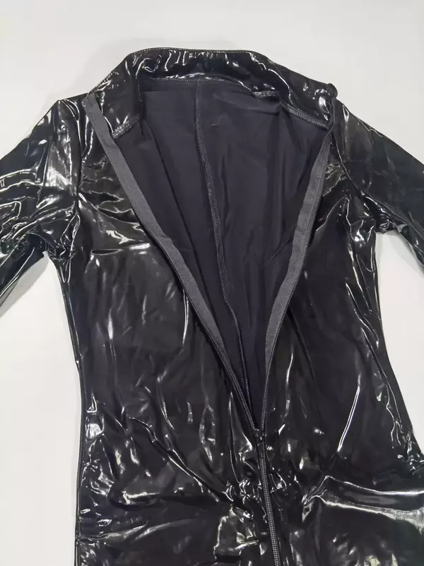 Pakaian klub wanita seksi PVC lateks Catsuit kulit imitasi tampilan basah jumpsuit Bodysuit erotis ritsleting ganda selangkangan terbuka