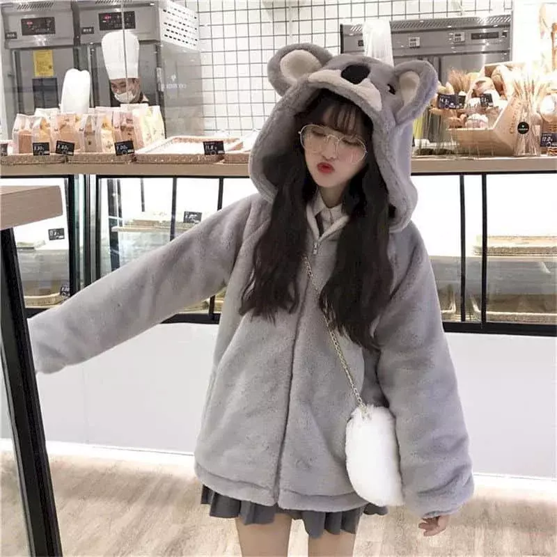 귀여운 코알라 귀 후드 재킷, 플러시 재킷, 2024 학생 두꺼운 모피 코트, 일본 부드러운 소녀, 가을 겨울 신상