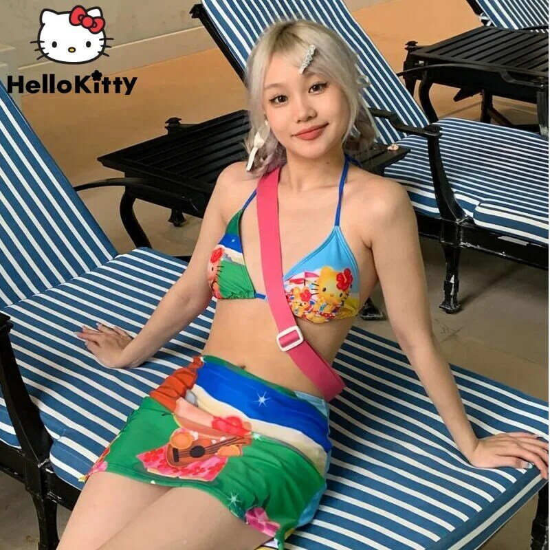 3 Pieces Set Sanrio Hello Kitty Cartoon Spicy Girl Fashion Swimsuit New Women Summer Sandy Beach Swimsuit Bikini With Skirt