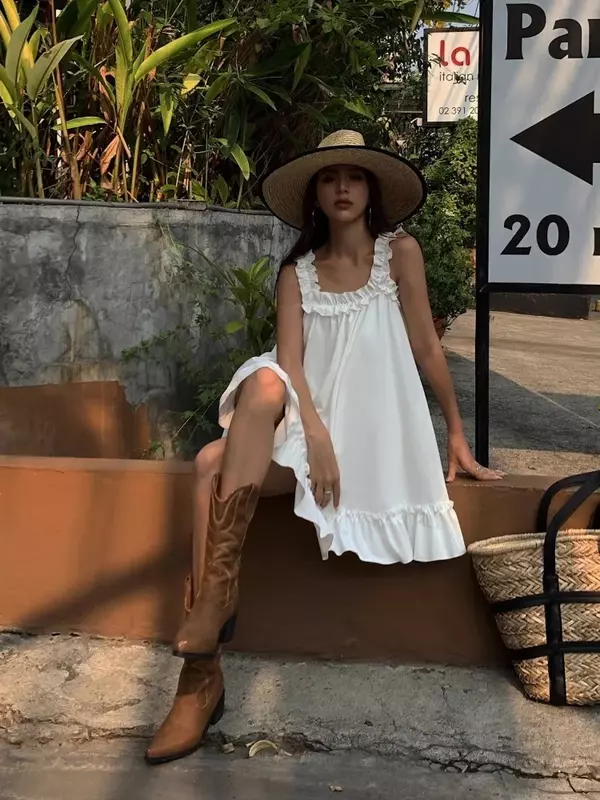 HOUZHOU-Vestido corto informal sin mangas con volantes para mujer, minivestido blanco bohemio para playa, vestido de verano holgado de gran tamaño
