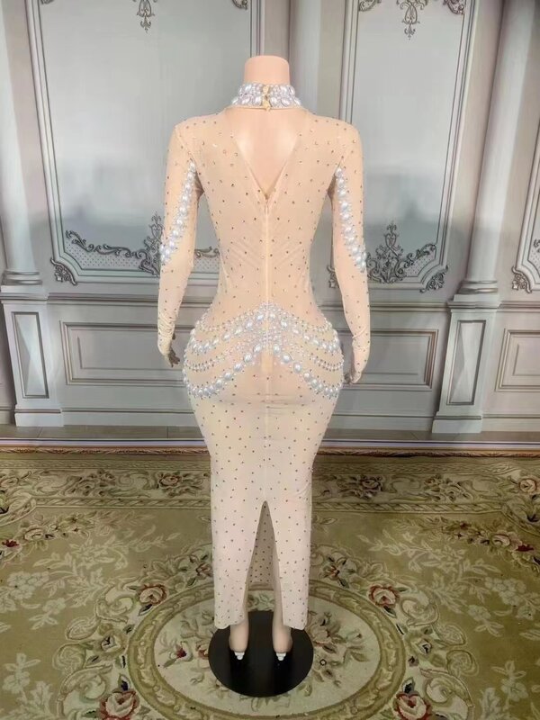New Celebrity Customized  lace Transparent Diamond High Elastic Sequins Sexy Tight Dress Birthday Party  Dress Performance Dress