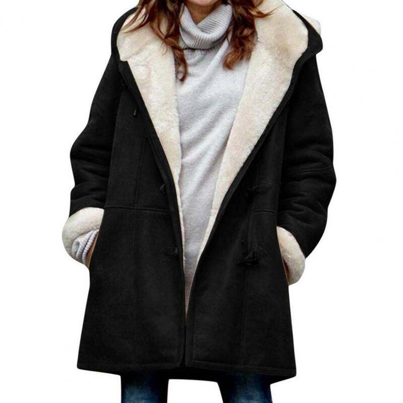Jaket hoodie wanita, mantel musim dingin, jaket hoodie Single Breasted wanita, hangat, panjang sedang, mantel musim dingin populer