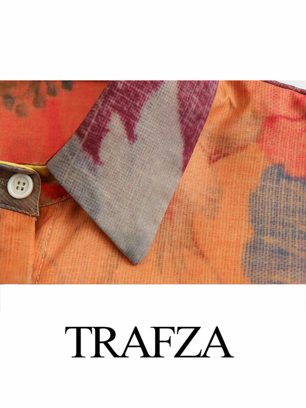 TRAFZA Fashion Flip Collar Unique Hidden Button Damski top z nadrukiem + zamek błyskawiczny w talii Elegancka damska składana półspódnica Zestaw 2-częściowy