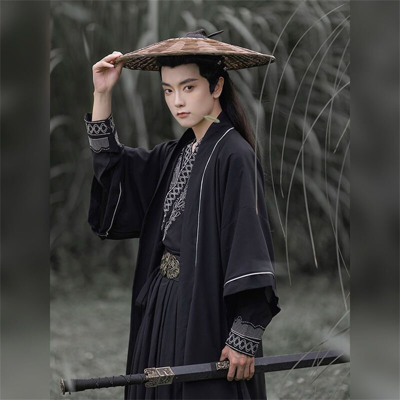 男性のための伝統的な中国の漢服セット、古代の黒の衣装、ハロウィーンのコスプレ、ヴィンテージプリント、プラスサイズ2xl