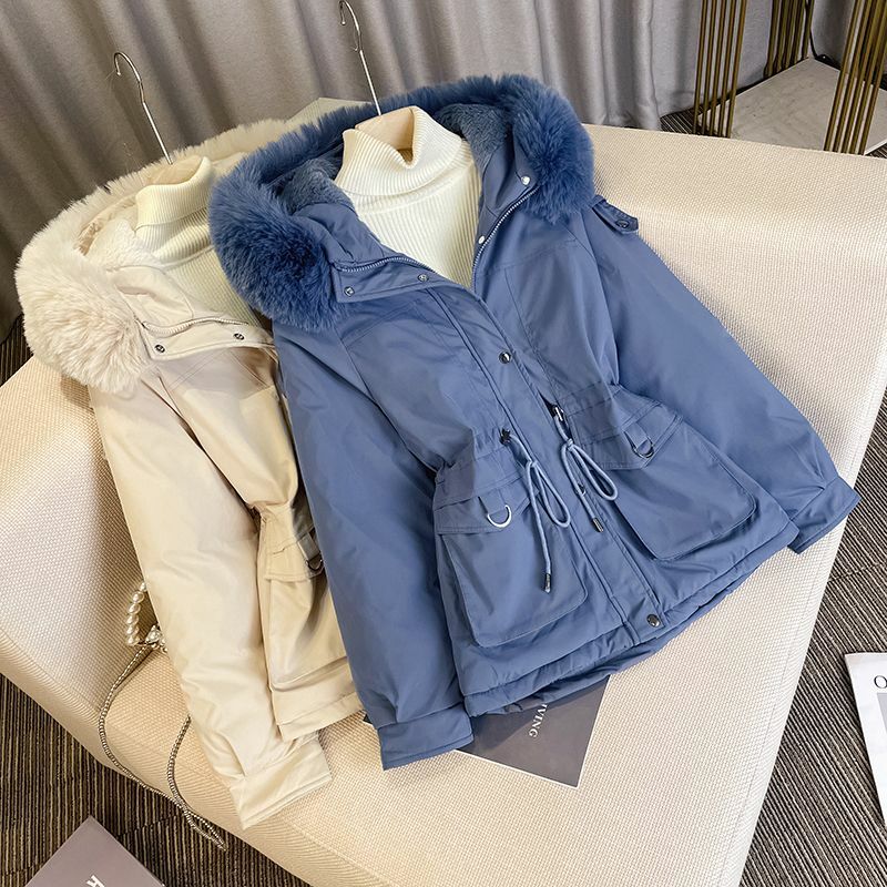 Koreański styl Vintage krótka damska kurtka puchowa zimowa zagęszczona jednolity kolor modny Design sznurka bawełna-płaszcz z podszewką