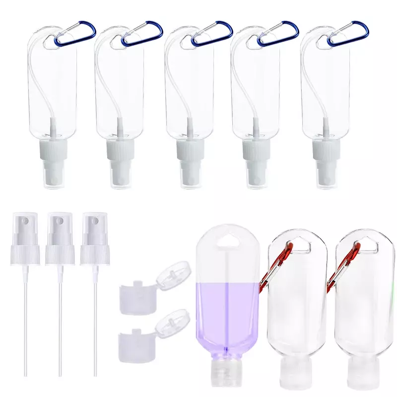 10Pcs Empty 30/50/60ml Portable Clear Travel Bottles With Carabiner Flip & Spray Lids Containers For Alcohol Liquid Hand Rubbing