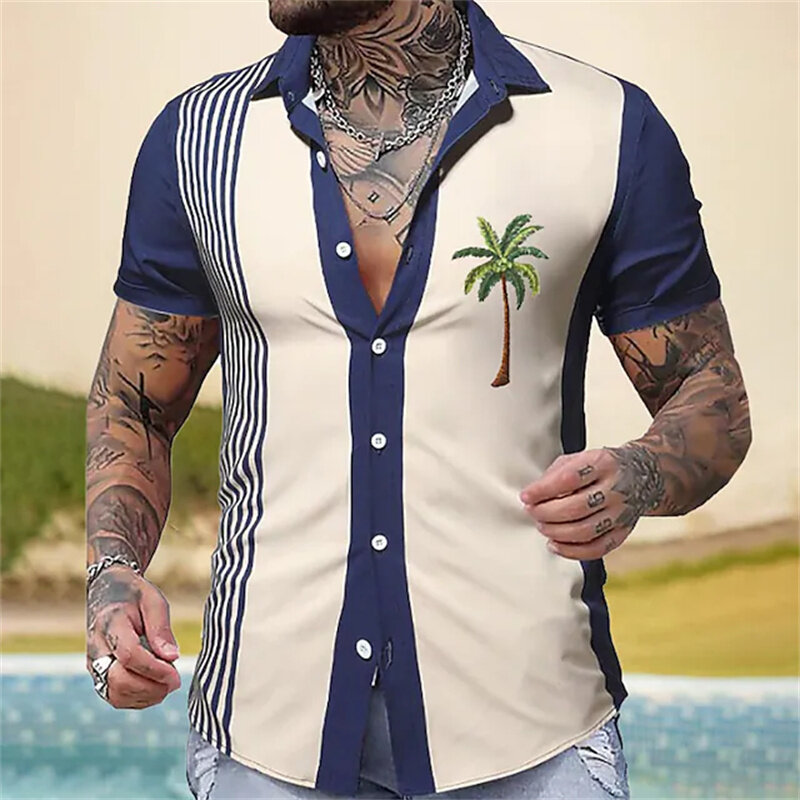 Summer Hawaiian Shirt Striped Shirt Coconut Tree Loose Casual Shirt Men's Beach Lapel Single Buckle Short-sleeved Fashion Clothe