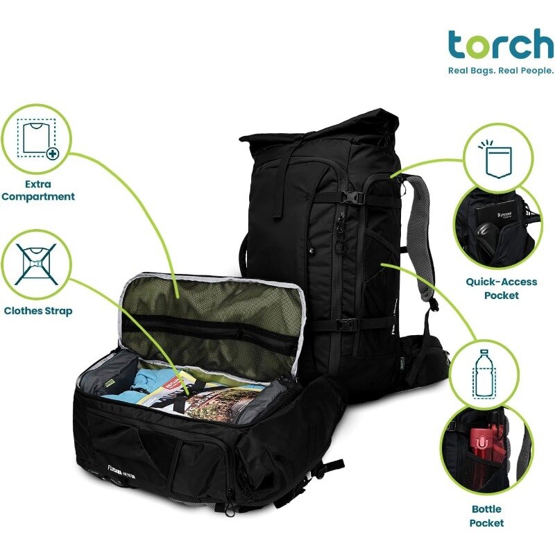 Extra großer Handgepäck-Laptop-Rucksack flug mit Regenschutz für Outdoor, Wandern, Camping - Fujisawa (schwarz)