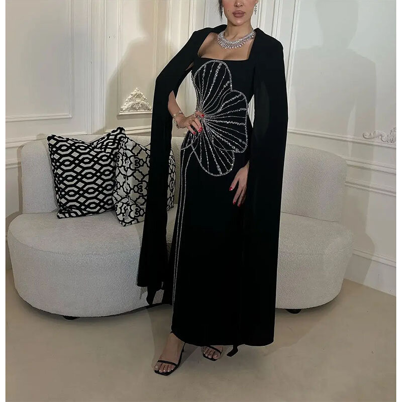 Eleganckie czarne suknie balowe kwadratowe dekolty z długim rękawem suknie wieczorowe do kostek suknie imprezowe vestidos de fiesta