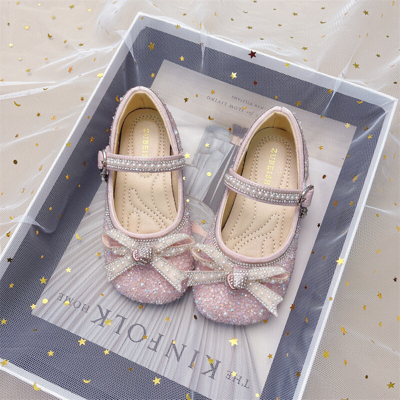 Zapatos de cristal para niña, calzado de cuero con lazo, para escuela primaria, 2023