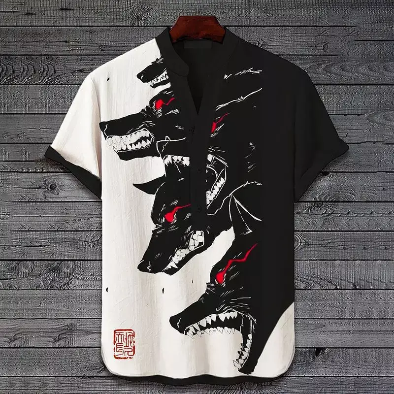 Camisa de manga corta con cuello levantado, camisa de Lobo, animal de transferencia de calor digital 3D, imagen de paisaje, 3 botones, nueva, 2024