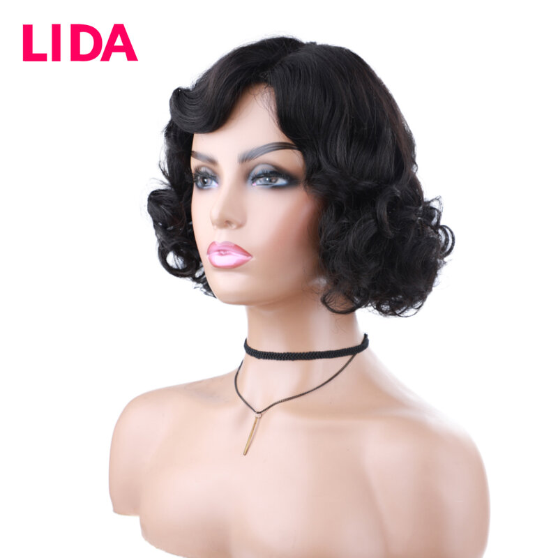 Lida ผสมวิกผมสั้นหยิกวิกผมผู้หญิงที่ยืดผมด้านข้างธรรมชาติ Top Hair Line เครื่องวิกผมทุกวัน