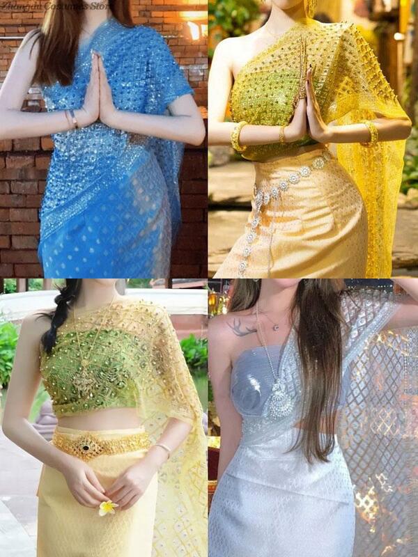 Estilo étnico Tailândia Xaile Glitter Scarf Mesh Wrap Cape Thai Xaile Tradicional Envoltório Com Bead Bling Traje do Sudeste Asiático