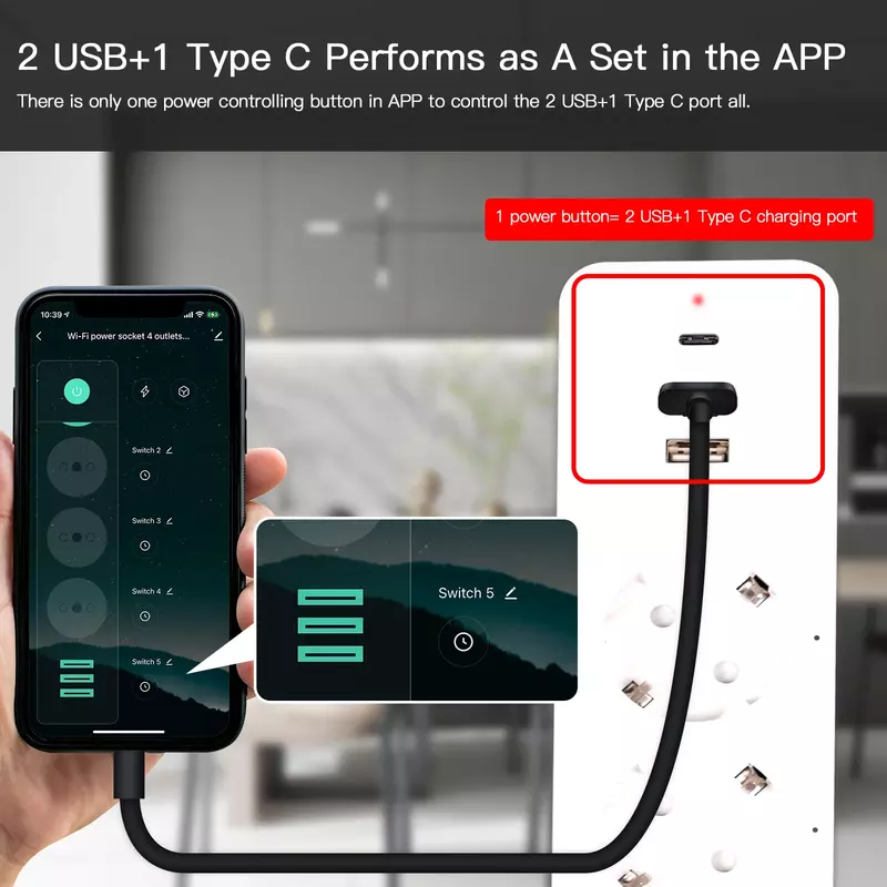 MOES WiFi EU Tuya Smart Power Strip Pelindung Lonjakan Arus 4 Plug Soket Monitor Daya dengan 2 USB 1 Tipe C Kontrol Aplikasi Kontrol Suara