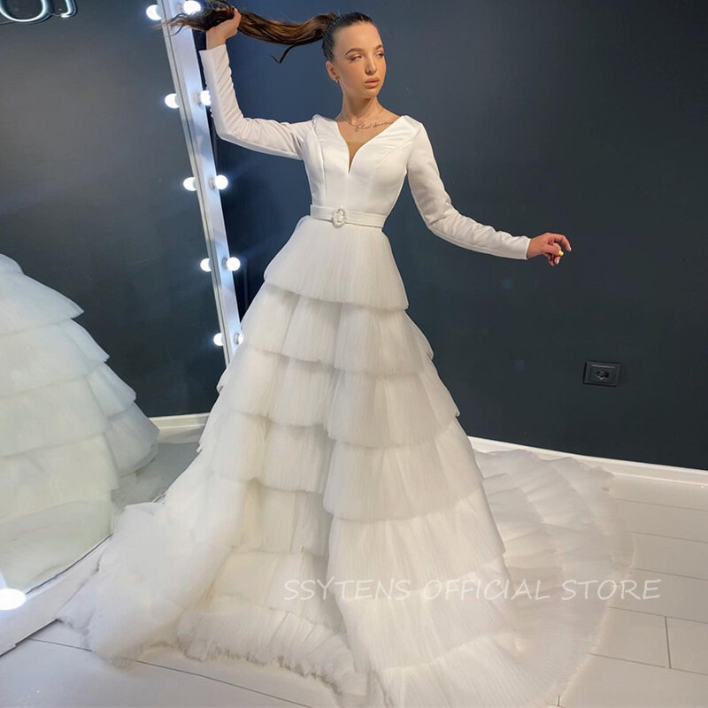 Gaun pernikahan gading mewah gaun pesta pengantin wanita gaun panjang Tulle berjenjang panjang kerah V gaun pengantin kustom 2024 baru