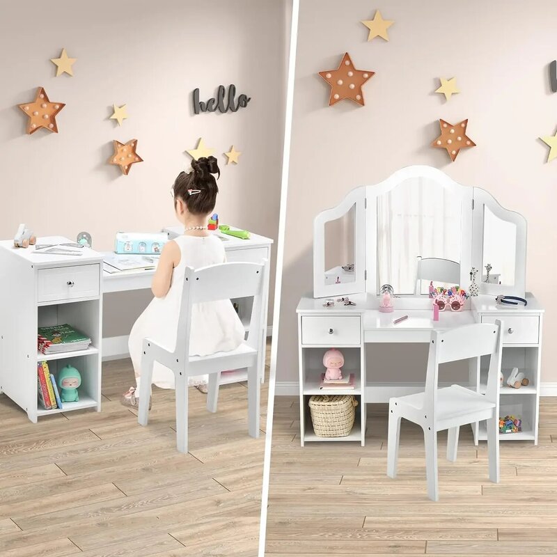 Tocador para niños 2 en 1, juego de escritorio y silla de maquillaje de princesa con espejo desmontable triplegable, estantes de almacenamiento grandes, tocador
