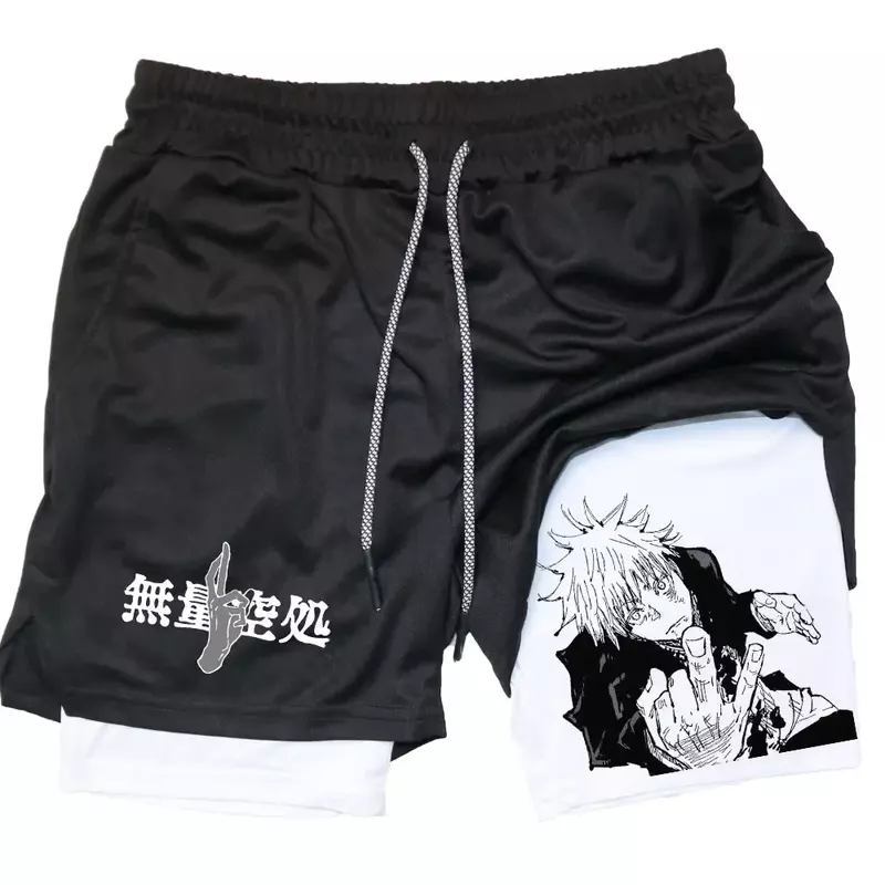 Jujutsu Anime Kaisen Sportswear Masculino, Shorts de Performance 2 em 1, Gojo Satoru Print, Treinamento de Ginástica, Treino Masculino Calções Esportivos Fitness