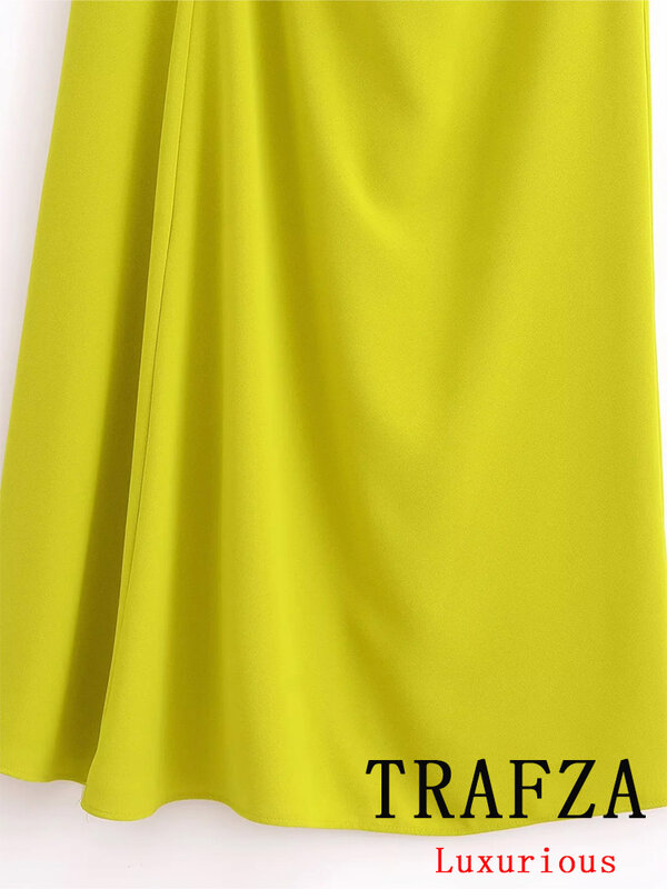 TRAFZA Vintage Casual Chic Women Dress Yellow Solid o-collo Zipper senza maniche Straight Vestidos Fashion 2024 primavera estate Dress