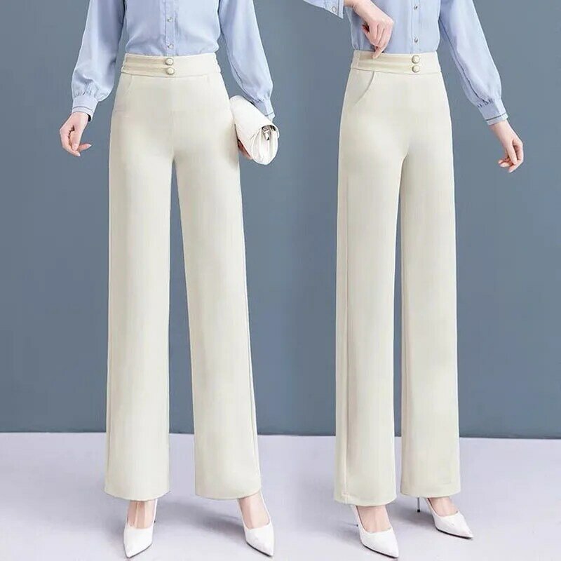 Black Creamy-white Colour Straight Loose Wide Leg Pants Elastic Waist Sagging Sensation Bright Line Decoration Button Pockets