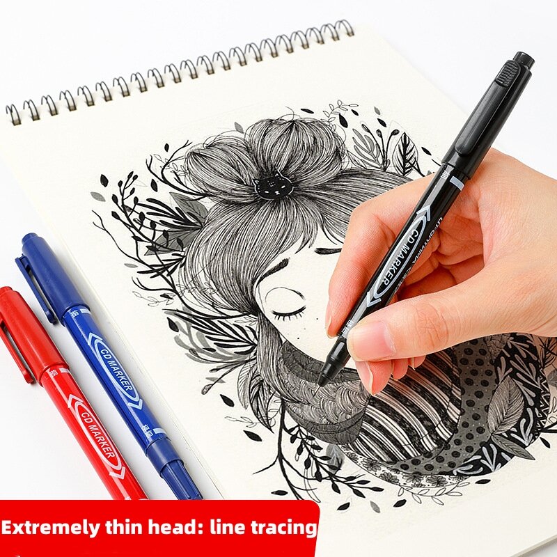 Cabeça Permanente Duplo Marcação Pen, tinta impermeável, Fine Spot, preto, azul, tinta vermelha, 0,5, 1,0mm, cabeça redonda, Fine Color Marcação Pen, 1-3Pcs