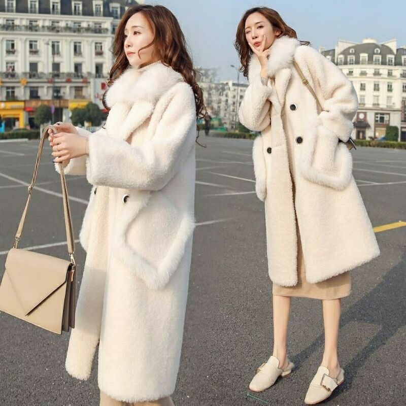Abrigo informal holgado con cuello de piel blanca para mujer, abrigo cálido de imitación de piel de cordero con doble botonadura y bolsillo, moda de invierno