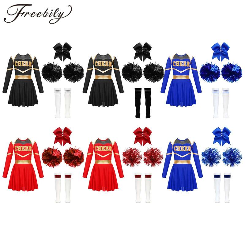 Kids Girls Cheerleading Uniform Dress With Flower Balls Sets Children Cheering Team Dance Outfits Cheerleader Costumes Dancewear