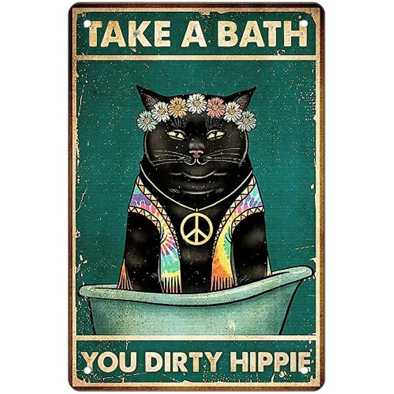 Bathroom Funny Black Cat for Cat Lovers Gifts Vintage Cat Wall Decor Posters Art Black Cat Metal Tin Sign