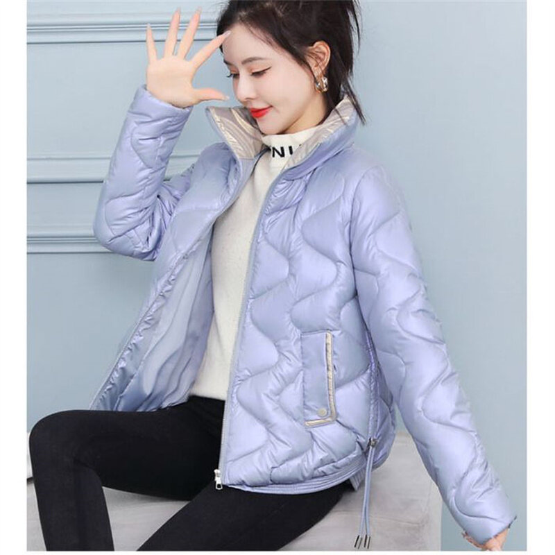 Jaquetas de algodão lustrosas para mulheres, jaquetas monocromáticas, gola com zíper, parkas de bolso, casaco espessamento simples, moda coreana, plus size
