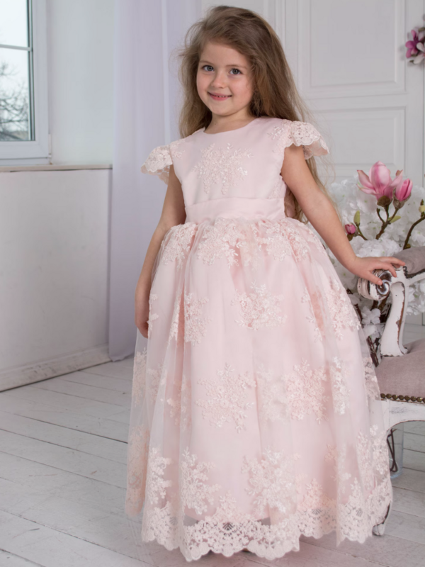 Gaun gadis bunga Appliques Flory renda Satin merah muda dengan pita tanpa lengan untuk pernikahan ulang tahun pertama gaun Komuni