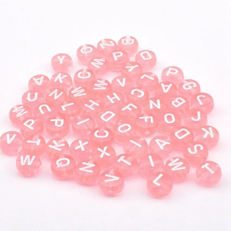 Cuentas de letras acrílicas para fabricación de joyas, base redonda, rosa, blanca, DIY, 7x4x1mm, 50 unidades por lote