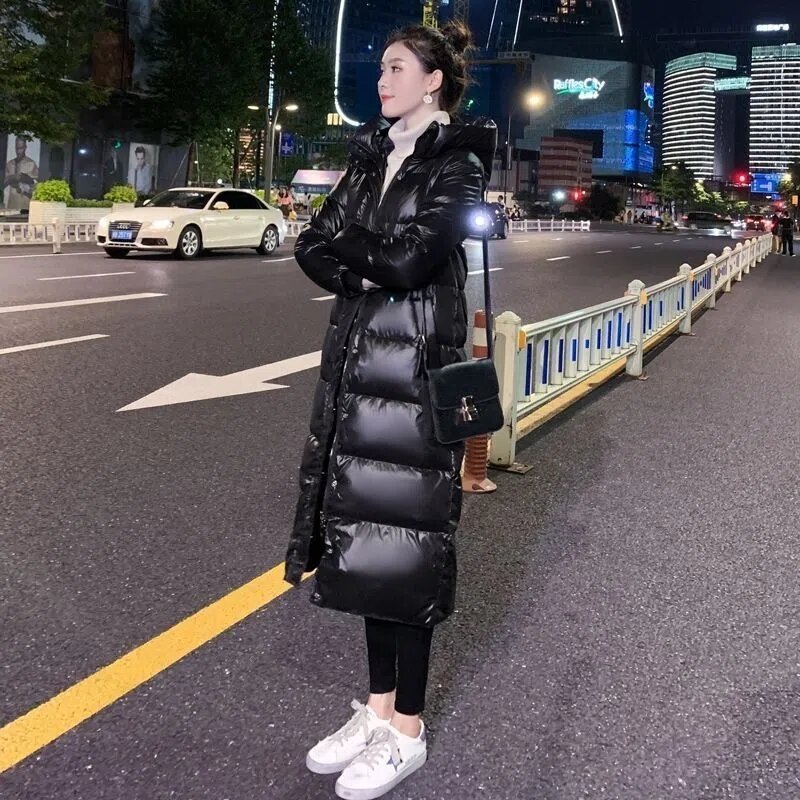 Cotton-padded  Women's Long Over-the-knee Winter  Online Celebrity Glossy Disposable Hooded Fashion Bread Coat Women's Tid