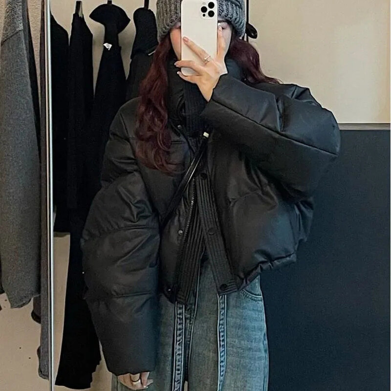 Giacca invernale in pelle Pu 2023 per donna Streetwear cappotto imbottito spesso caldo femminile oversize Zipper Crop capispalla cappotti da donna