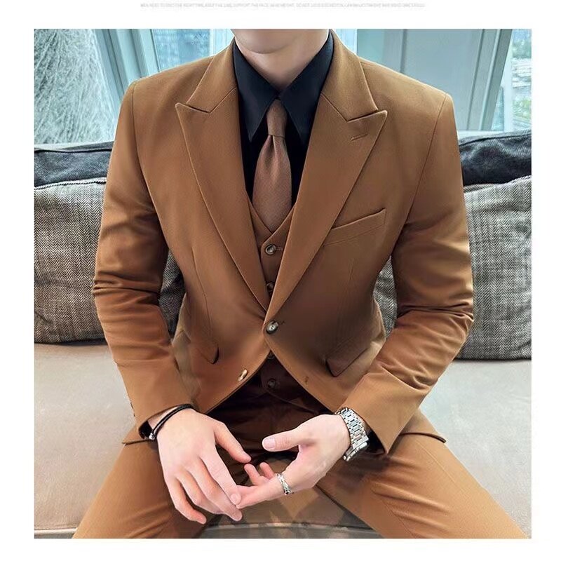 Fashion Casual Custom Made Groom Tuxedo Navy Blue Peak Lapel Wedding/Prom Best Man Suits Bridegroom (Jacket+Pants+Vest)