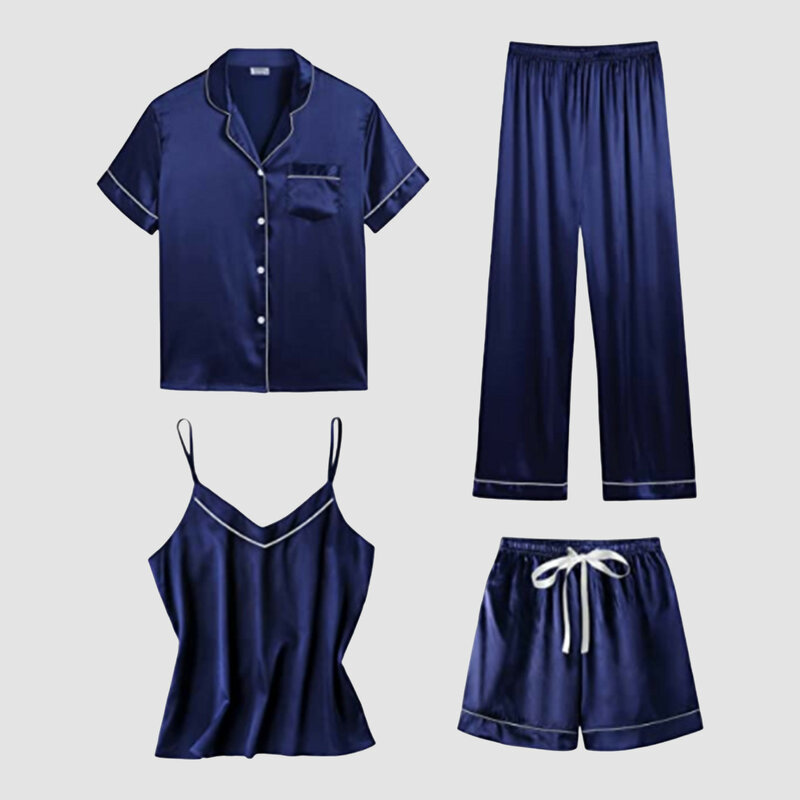 Женский весенний сексуальный пижамный комплект с брюками, кружевная атласная одежда для сна с шелковым халатиком, Модный комплект из четырех предметов