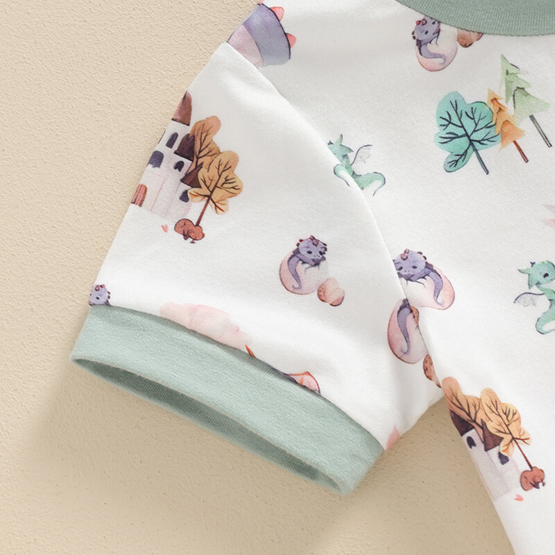 VISgogo Toddler Boy Summer Outfit Cartoon Animal Print Short Sleeve T-Shirt with Elastic Waist Solid Color Shorts