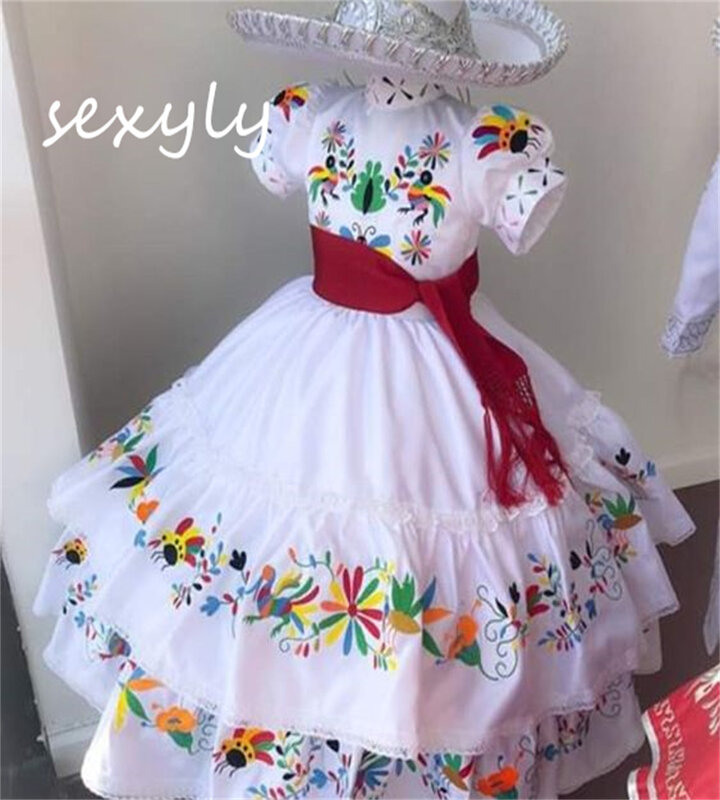 Gaun anak perempuan bunga Meksiko putri Charro 2024 gaun pernikahan kontes anak-anak sulaman leher O lengan pendek