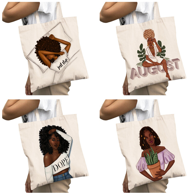 Casual African Girl Big Capacity Shopping Bags for Women Reusable Double Print Beautiful Black Fashion Lady Canvas Shopper Bag ​