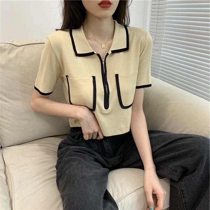 2014 Summer New Contrast Color Zipper Pockets Polo-Neck Fashion Sweet Loose Short Sleeve Women's Ice Silk Knitting Sweaters Tops