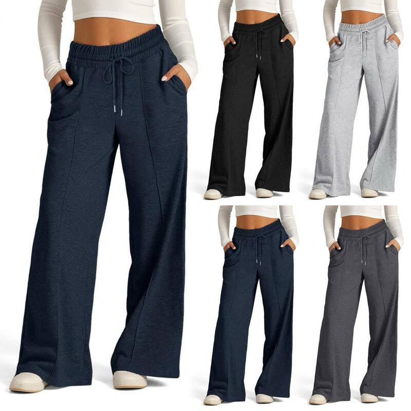 Women Spring Sweatpants Elastic Drawstring Waist Wide Leg Jogging Pants Solid Color Pockets Baggy Lounge Pants Women's Clothing