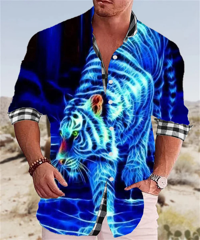 Camisa hawaiana de manga larga con botones para hombre, camisa de tigre de animal, cómoda y suave, solapa de lujo, nuevo estilo, moda